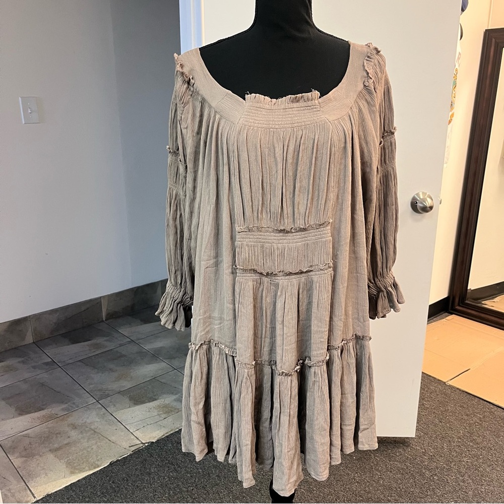 Free People Flowy Pleated Mini Dress XS Oversized Smocked Long Sleeve Boho - Picture 2 of 11